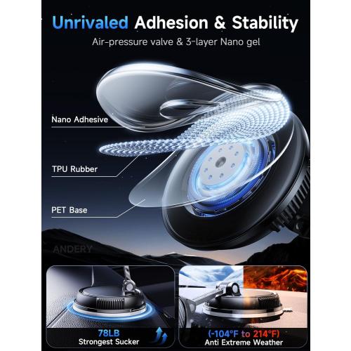 ANDERY Only for iPhone Magsafe Car Mount Charger, 15W Fast Wireless Charge | [78 LBS Strong Suction & 2400gf Magnetic] 360° Adjustable Car Mount Phone Holder, Car Interior Accessory with Dashboard Pad