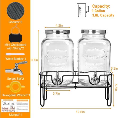 Bululuo 2 Pack 2 Gallon Glass Drink Dispensers with Stand & Spout | Beverage Dispenser with Stand for Juice and Iced Tea, Water Jug Dispenser for Lemonade, Party Beverage Pitcher with Spout