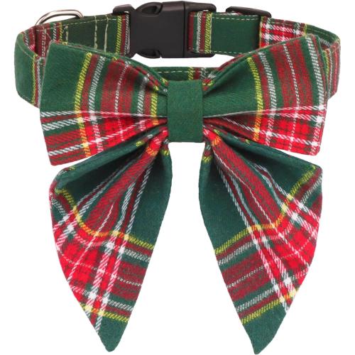 ADOGGYGO Christmas Dog Collar with Bow, Plaid Xmas Dog Bowtie Collar, Adjustable Green Pet Christmas Collars for Small Medium Large Dogs (Medium)