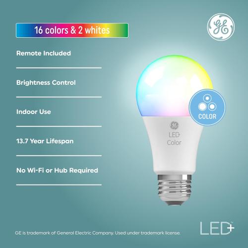 GE LED  Color Changing LED Light Bulbs with Remote, No App or Wi-Fi Required, A19 Bulbs, CA Compliant (2 Pack)
