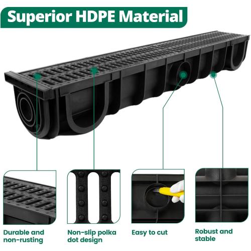 Benfar Trench Drain 39.4x6.1x5.5in 3Pack HDPE Channel Drain with Grates Trench Drainage System Total Length 10FT Driveway Drainage for Yard Concrete Garage Floor Sidewalk Garden Patio M062