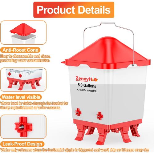 5.0 Gal Chicken Waterer Bucket with 4 Horizontal Water Nipples | Height-adjustable, Anti-roost Cone for Backyard Chicken Flocks
