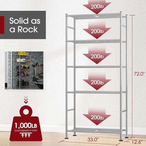 Sakugi Storage Shelves - 5 Tier Shelf Organizer, Heavy Duty Garage Shelving Unit with Leveling Feet, Stable Metal Shelves Organizer for Pantry, Kitchen and Closet, 33.0 W x 12.6 D x 72.0 H, Silver