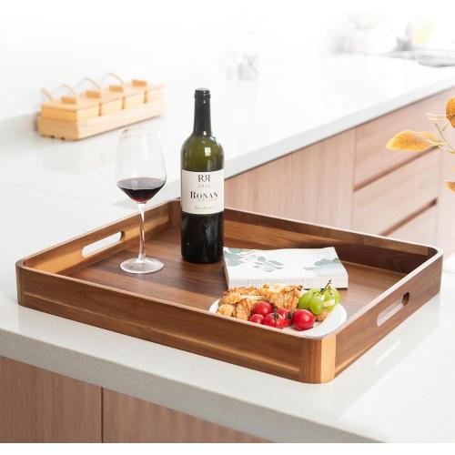GinSent Large Ottoman Tray Wooden Serving Tray with Handles, Rectangle Big Wood Tray for Living Room Ottoman Coffee Table Counter Decor, Kitchen Versatile Tray for Food Breadfast Party Picnic