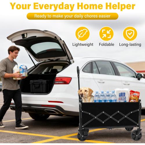 Wagons Carts Foldable, Collapsible Wagon with Wheels — Foldable Wagon for Groceries,Picnic,Beach,Camping, Small Hauls, Apartment Moving Storage, Portable Utility Folding Wagon Cart, 360lbs, Black