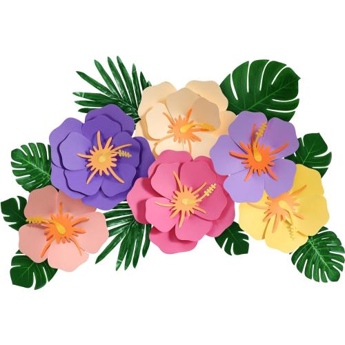 Lincia 40 Pcs Hawaiian Hibiscus Decorations Large Paper Flowers and Artificial Tropical Leaves, 11.8''/7.9'' Jumbo 3D Paper Flowers Faux Leaves for Luau Party Birthday Wedding (Classic Color)