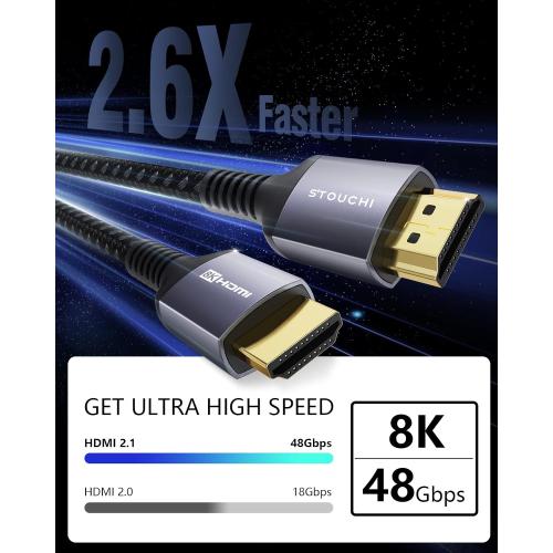 Stouchi HDMI Cable 8FT, 48Gbps Ultra High Speed HDMI® Cables Braided 2.1 Cord, 8K60Hz 4K120Hz 144Hz eARC Dynamic HDR HDCP 2.2&2.3 HDR10  Compatible for PS5, PS4, UHD TV and PC