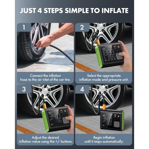 Color Green Anykit Tire Inflator Portable Air Compressor, 150PSI 4X Fast (Dual Cylinder) Inflation Air Pump with Digital Pressure Gauge, 12000mAh Electric Cordless Tire Pump for Truck, Car (Green)