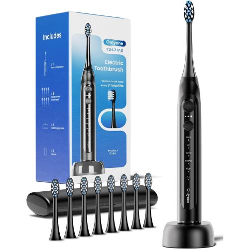 Onlyone Electric Toothbrush for Adults, Rechargeable Electric Toothbrush with 8 Brush Heads, Travel Case, Charging Base & Wireless Charging - 5 Modes with Smart Timer
