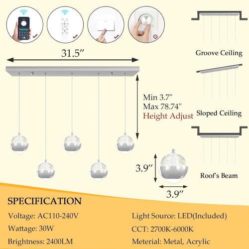 L32 x H78 Rectangular Chandeliers for Dining Room with LED Dimmable Lights Remote Control Chandeliers for Kitchen Island Modern Silver Globe Lighting Fixtures