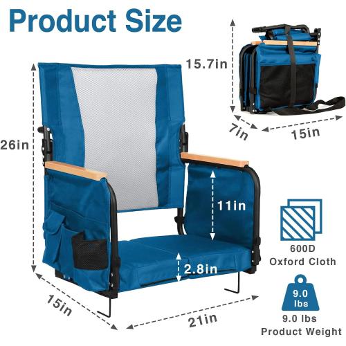 behairity Extra Wide Stadium Seats with Back Support, Bleacher Chairs with High Back and Cushion, Padded Portable Fording Bleacher Seat with Armrests, Cup Holder and Storage Pockets (Blue)