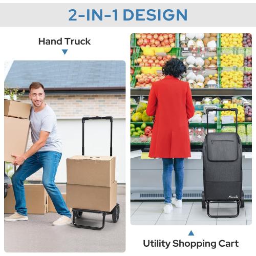 KEDSUM 2 in 1 Shopping Cart for Groceries, 330 lbs Grocery Cart on Wheels, Foldable Utility Carts with Wheels, Load-Bearing Hand Truck with Black Waterproof Bag for Shopping, Camping, Laundry, Garden