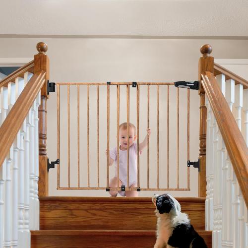 Babelio Baby Gate for Stairs & Doorways, 26-43 W 28 H No Bottom Bar| Easy Installation| One-Handed Operation| Auto-Close| Hardware Mount (Drill Needed) Safety Dog/Pet Gate (Brown Wood Pattern)