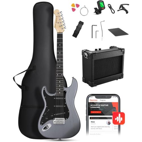 DONNER DST-80 Left-Handed Electric Guitar 39” Beginner Electric Guitar Kit with Amp, Classic SSS Pickup Complete with Gig Bag, Tuner, Capo, Strap, Picks, and Free Online Lessons, Matte Black