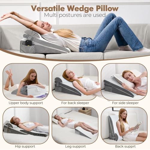 White ENITYA Bed Wedge Pillow for Sleep Apnea - 3PCS Wedge Pillow for Acid Reflux Relief/Back Pain Relief/Sleeping/After Surgery/Leg Support - Memory Foam Top, Washable Cover, White