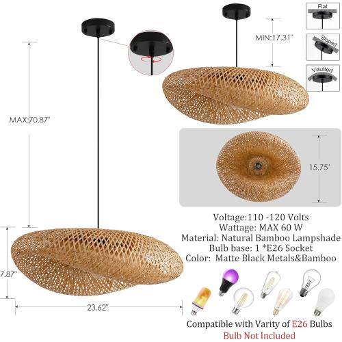 Hand Woven Bamboo Pendant Light,23.62 in Bamboo Rattan Ceiling Hanging Light Hand Woven Wicker Chandelier for Living Room Kitchen Dining Room Farmhouse