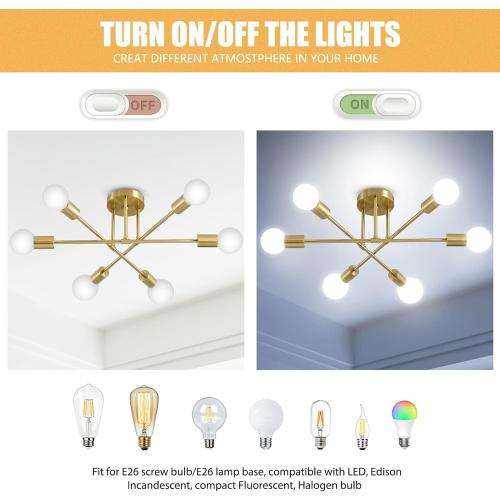 Gold Modern Sputnik Chandelier, 6 Light Flush Mount Ceiling Light Fixture, Mid Century Light Fixture Ceiling Mount for Kitchen Island Bedroom Dining Living Room Foyer UL Listed