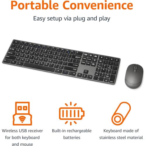 Amazon Basics Ultra Premium Wireless Keyboard and Mouse Combo - Rechargeable, Ultra Slim Design, Quiet, Full Size, Number Pad, Unifying Receiver, Black