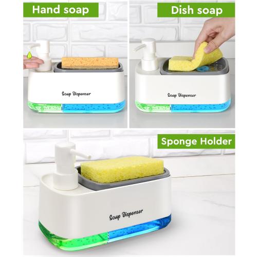 Hand and Dish Soap Dispenser Set for Kitchen, Dual Soap Dispenser with Sponge Holder, 3-in-1 Countertop Soap Pump Dispenser for Kitchen Sink, Useful Kitchen Gadgets - White