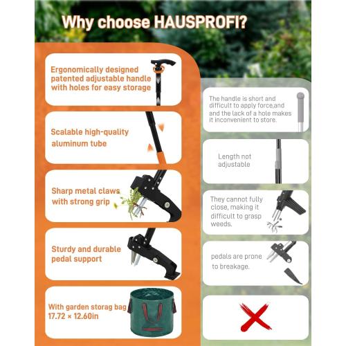 HAUSPROFI Stand Up Weed Puller Tool with 36-46 Inch Adjustable Long Handle and 50L Garden Bag, Heavy Duty 4-Claw Stainless Steel Weed Remover Tool with Automatic Rebound Design for Deep Roots