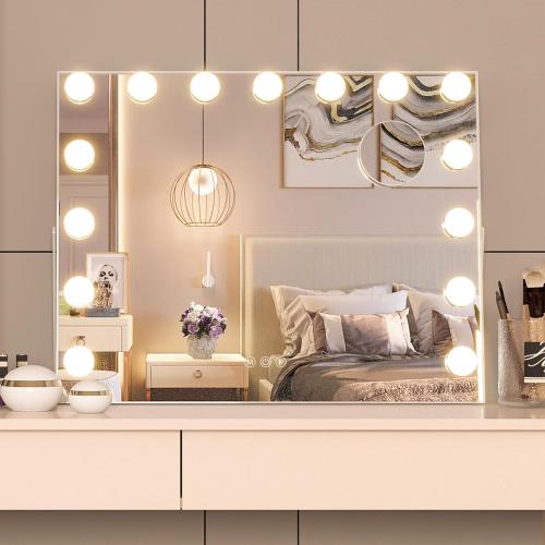 White 58x46 CASSILANDO Vanity Mirror with Lights,Hollywood Makeup Mirror, Large Vanity Lighted Mirror with 15 LED Bulbs, 3 Color Lighting Modes,58 * 46cm