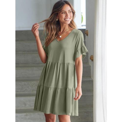 Size L ANRABESS Dresses for Women Summer 2025 V Neck Ruffle Sleeve A Line Tiered Flowy Casual Trendy Mini Beach Dress with Pockets