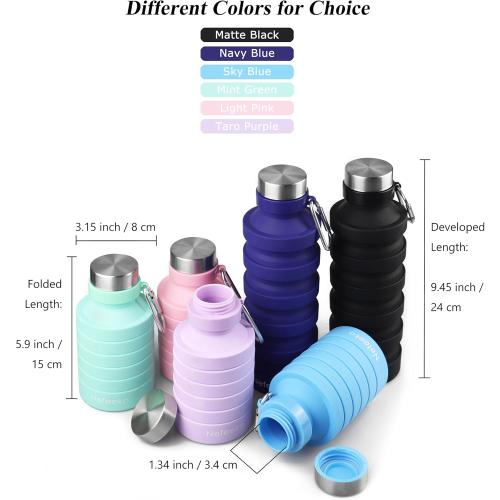 Nefeeko Collapsible Water Bottle, Reuseable BPA Free Silicone Foldable Water Bottles for Travel Gym Camping Hiking, Portable Leak Proof Sports Water Bottle with Carabiner
