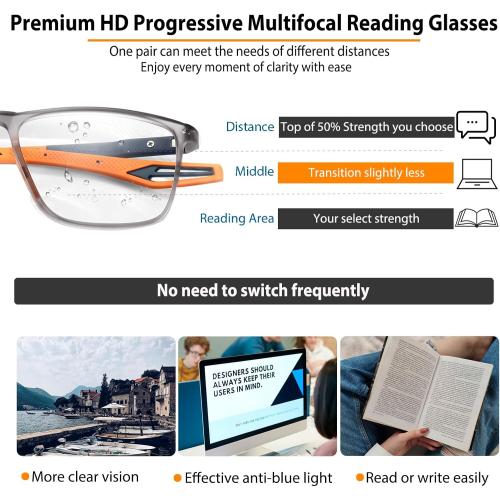 Multifocal Progressive Transition Photochromic Reading Glasses Blue Light Blocking Multifocus Readers Spring Hinge
