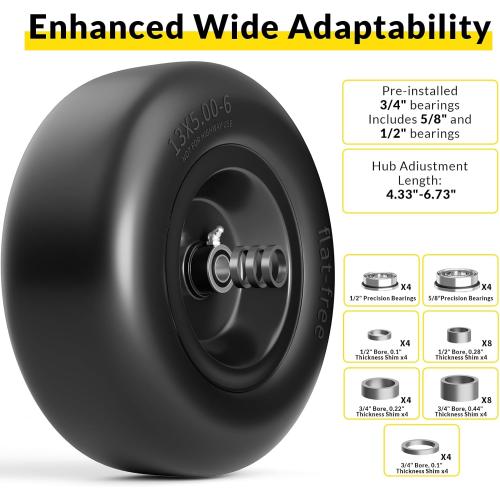 13x5.00-6 Flat Free Lawn Mower Tire and Wheel, 13x5x6 Solid Front Tires for Zero Turn Mower, 500Lbs Load, 3/4, 5/8 and 1/2 Bearings, 4.33-6.73 Hub Spacers, 2Pack Black, TRK-TIR-1356FFBK