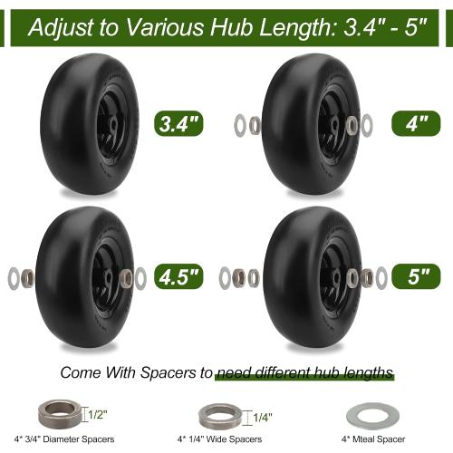 TWO 11x4.00-5 Flat Free Lawn Mower Tires on Wheels, Universal Fit 11x4.00-5 Smooth Tread Tire for Zero Turn Lawn Mowers - with 3/4 Bushings and 3.4-5 Centered Hub - Contain Adapter Kit | Black-2Pcs