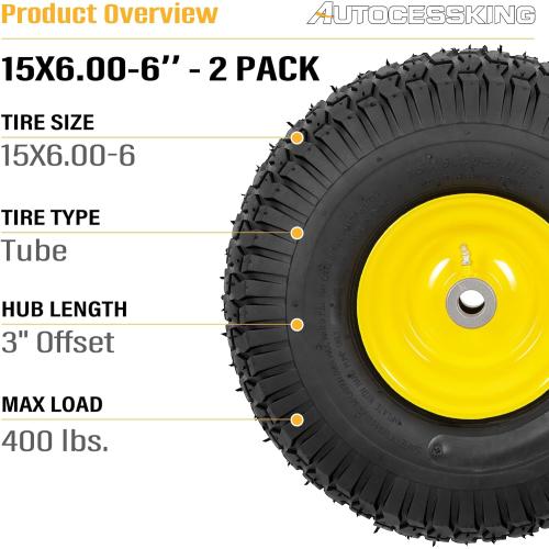 2 PCS Exact Replacement 15x6.00-6 Front Tires and Wheel Assembly for John Deere Riding Mowers, Compatible with John Deere 100 and 300 Series, 3 Offset Hub, 3/4 or 5/8 or 1/2 Bushings