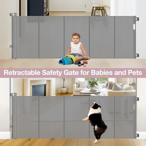 Reinforced 72 Wide Retractable Dog Gate with Support Rods - Prevent Crawling Under Extra Wide Baby Gate Retractable Gate Outdoor, Retractable Pet Gate Long Dog Gate, Mesh Gates for Kids or Pets, Gray
