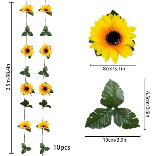 Uieke 10 Pack Artificial Sunflower Garland, 8.2ft/Pcs Silk Sunflowers with Green Leaves, Flowers Vines for Room Home Kitchen Garden Wedding Arch Bridal Baby Shower Party Outdoor Decor