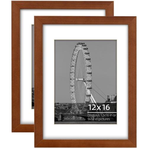 12x16 inch or 9x12 with Mat Poster Frame Set, Wall Mount Vertically or Horizontally, Plexi Glass Thick Creamy Mat, Stained Stained Cinnamon Brown Wood Grain Molding, 2 Pack