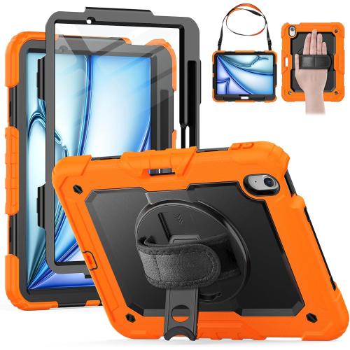 HXCASEAC Rugged Case for iPad Air 11 inch M3 M2 (2025 2024), Heavy Duty Protective Design with Pencil Holder, Built-in Screen Protector, Rotating Stand, Hand Strap, for iPad Air 11 Hard Case (Orange)