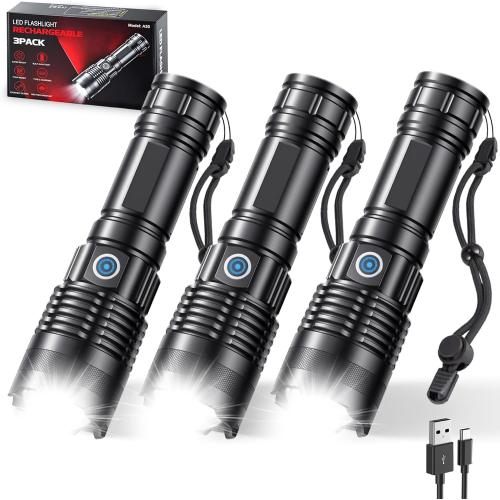 Rechargeable Flashlights High Lumens, 3 Pack Super Bright Tactical Flashlight With Adjustable Lighting Modes, Zoomable Handheld Led Flash Light For Camping Emergency Home Gift (Battery Included)