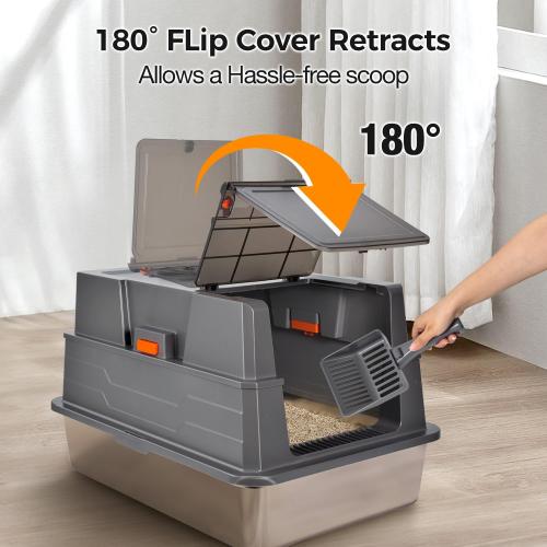 XXXL Stainless Steel Litter Box with Lid,28 L x 20.5 W x 16.5 H Extra Large Cat Litter Box Enclosure for Large and Multi-Cats Families,Non-Sticky, Anti-Leakage, Easy to Clean(Gray)