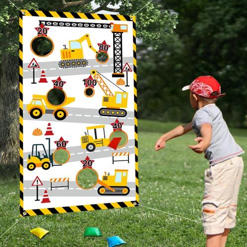 Construction Truck Toss Game Banner with 4 Bean Bags ，Indoor Outdoor Excavator Throwing Theme Party Game Banner with 7 Score Holes for Adults Birthday Party Decorations （Yellow）