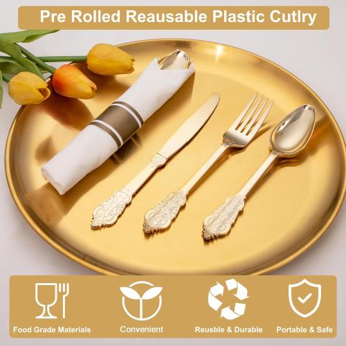 Set of 400PCS Pre Rolled Gold Plastic Silverware Sets - Heavy Duty Fancy Gold Cutlery - Include 100 Pack Wrapped Disposable Utensils with Napkins for Parties, Dinners & Weddings