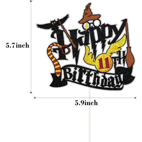Wizard Happy 11th Birthday Cake Topper - Glitter School Wizard Cake Decor - Harry Theme Party 11th Birthday Party Decoration Supplies