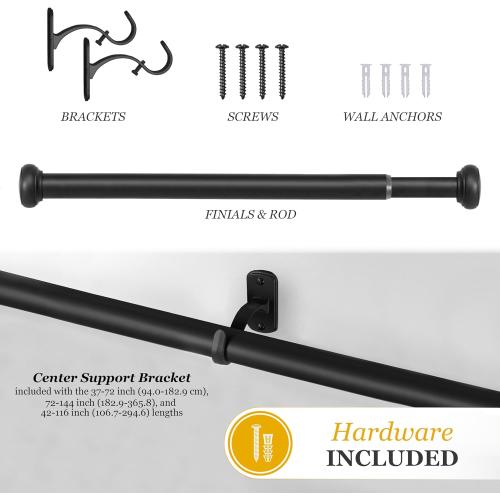 Kenney - Weaver Curtain Rod, Rust-Resistant Textured Steel for Indoor or Covered Outdoor Use, 1 Diameter, Adjustable 72–144, Durable Support for Curtains, Black