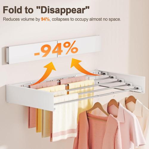 Wall Mounted Clothes Drying Rack Folding Indoor, Foldable Laundry Drying Rack Collapsible,Invisible, Space Saving, Retractable Towel Drying Rack, with Wall Template(5 Drying Rods, White 32)