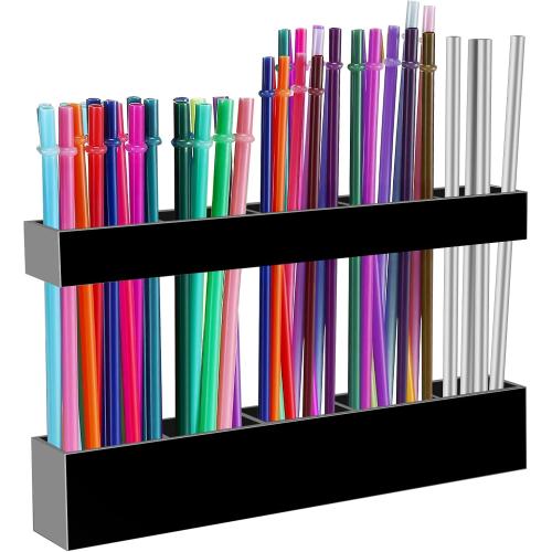 Malldii 9.5 Large Acrylic Straw Holder for Cabinet Door - Reusable Tumbler Straw Organizer Storage, Small Kitchen Accessories Container, Ultra Sticky Cupboard Door Mounted (Black)