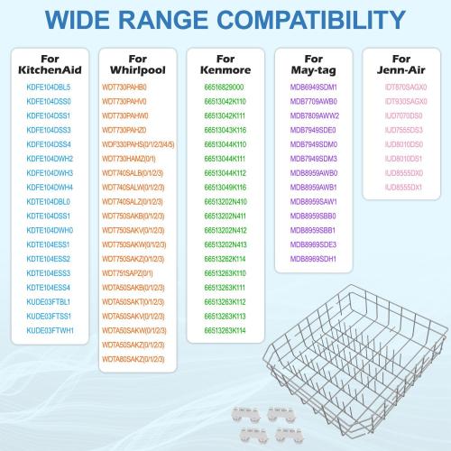 2026 UPGRADED W10728159 Dishwasher Lower Rack Replacement W10525646,Compatible with Kitchenaid Kenmore Whirlpool Maytag Dishwasher Bottom Rack Parts KDFE104DSS4/KDTE104ESS4,Comes 4pcs WP3376961 Roller