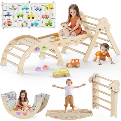 Pikler Triangle Set with Cushion 9 in 1 Foldable Montessori Climbing Toys for Toddlers 1-3 Indoor Wooden Kids Playground Baby Climbing with Maze Toys, Shape Sorter Toys, Car