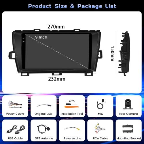 4G 128G Car Radio for Toyota Prius 2010-2015, 9'' Incell Full Touchscreen Stereo Android 15 Wireless CarPlay Android Auto Bluetooth 5G WiFi EQ FM RDS GPS WiFi SWC AHD Backup Camera