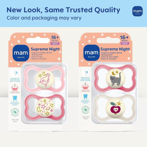 MAM Supreme Baby Premium Pacifier, Newborns 16  Months, Developed with Orthodontists, Extra Air Flow for Sensitive Skin, Glows in The Dark, BPA-Free Silicone, Sterilizer Case, 2 Pack, Made in Europe