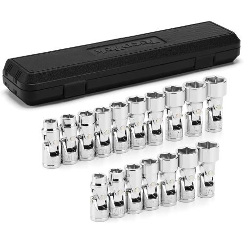 17-Piece 3/8-Inch Drive Universal Joint Socket Set, Swivel Socket Set, 6-Point, SAE (3/8 to 3/4) and Metric (10mm to 19mm), CR-V, Universal Flex Socket for Easier Access to Tight Spaces