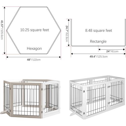 Vantas Folding Pet Gate 144 Wide, 30 Tall No-Assembly Wooden Dog Gate with Door Walk Through, Freestanding Wire Pet Gate, Pet Puppy Safety Fence, with 2PCS Support - White