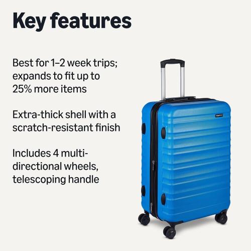 Amazon Basics 26 Hardside Medium Checked Luggage, Hardshell Suitcase With Wheels, Expandable For Up to 15% More Space, With Scratch-Resistant Surface, Four Multi-directional Wheels, Light Blue